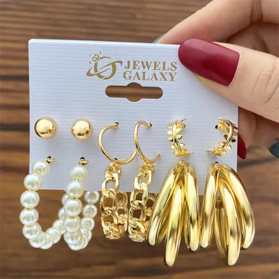 Vintage Pearl Alloy Hoop Earring Set (6 pairs)